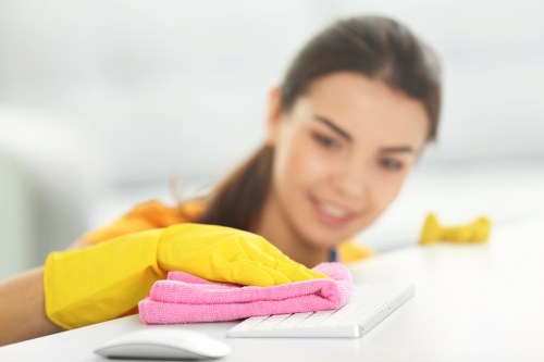 Local cleaner working on upper-floor windows in Kensington