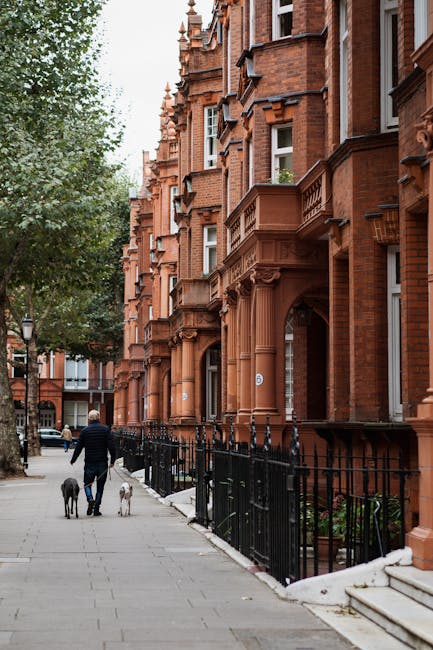 The image depicts a residential street with a row of red brick Victorian-style flats featuring ornate architectural details, bay windows, and decorative columns near the entrance. The pavement is clean and well-maintained, with a black wrought iron fence lining the sidewalk. A person dressed in dark clothing is walking two dogs, one black and one white, along the sidewalk. The area is shaded by leafy green trees, creating a peaceful and tidy urban environment. The scene is lit with natural daylight, emphasizing the cleanliness and condition of the surfaces, which reflects the importance of surface cleaning, maintenance, and hygiene in residential areas, as promoted by Deep Cleaning Kensington, specialists in domestic cleaning and surface sanitisation.
